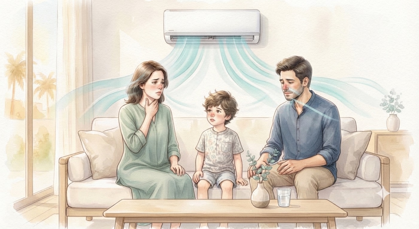 Watercolour illustration of a family sitting on a sofa beneath a wall-mounted air conditioner, with a woman holding her throat because of dryness