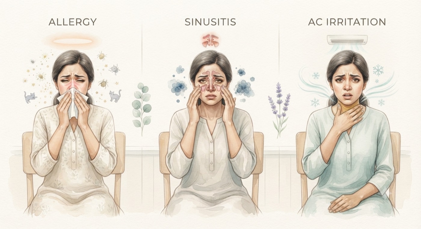 Watercolour illustration comparing three patients, one sneezing from allergy, one holding her face from sinus pressure, and one with throat dryness under an air conditioner