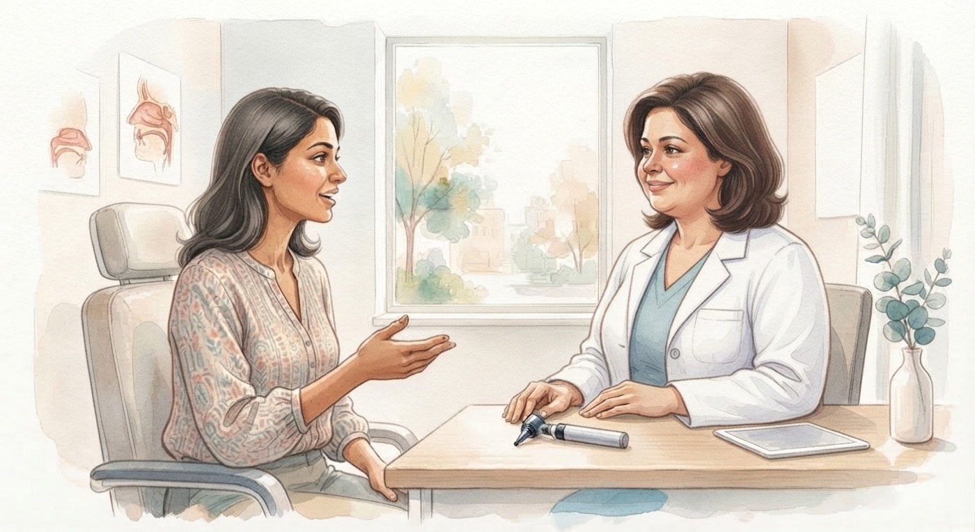 Watercolour illustration of an ENT doctor explaining blocked nose and sinus treatment options to a patient in a Chennai clinic