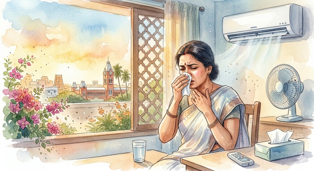A watercolour of a woman in Chennai with allergy symptoms