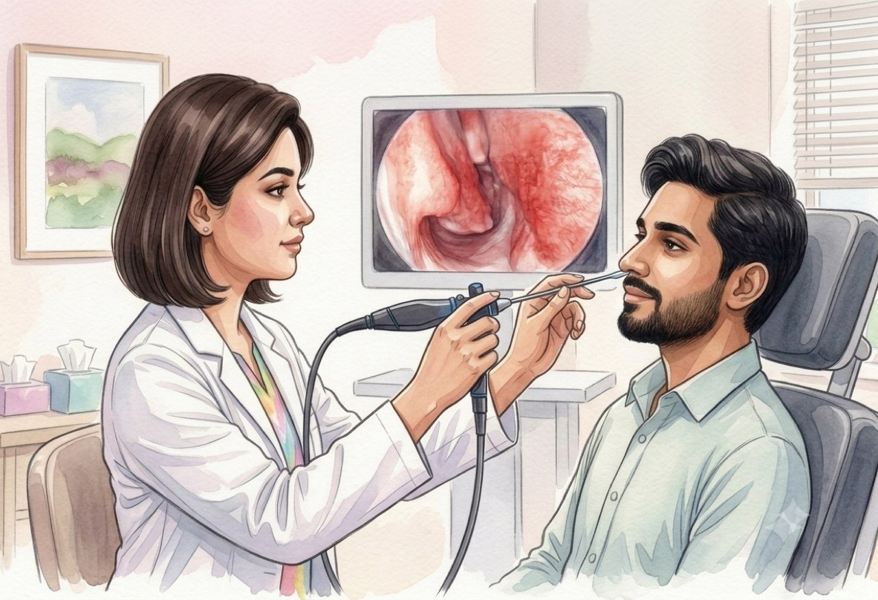 Watercolour illustration of an ENT doctor performing nasal endoscopy on a patient, with the inside of the nose shown on a screen