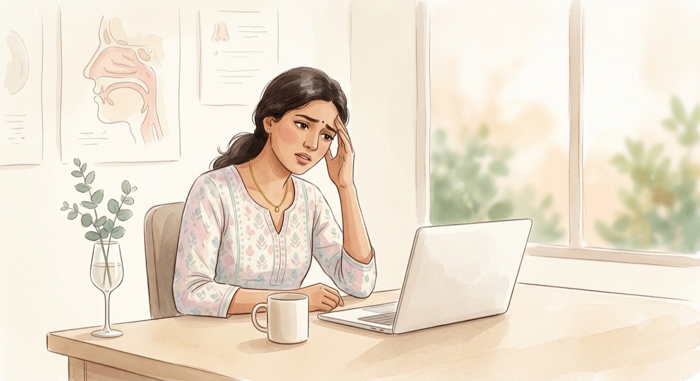 Watercolour illustration of a woman at a desk holding her forehead with sinus headache, with nose and sinus anatomy charts on the wall behind her